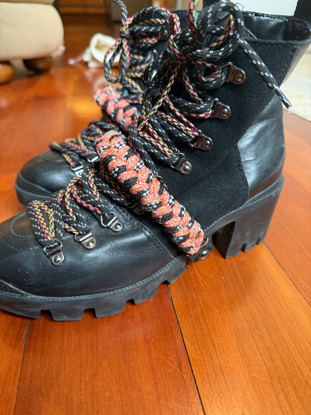 SCHUTZ Emanuel Lace-Up Chunky Heel Boots with Multicolor Laces